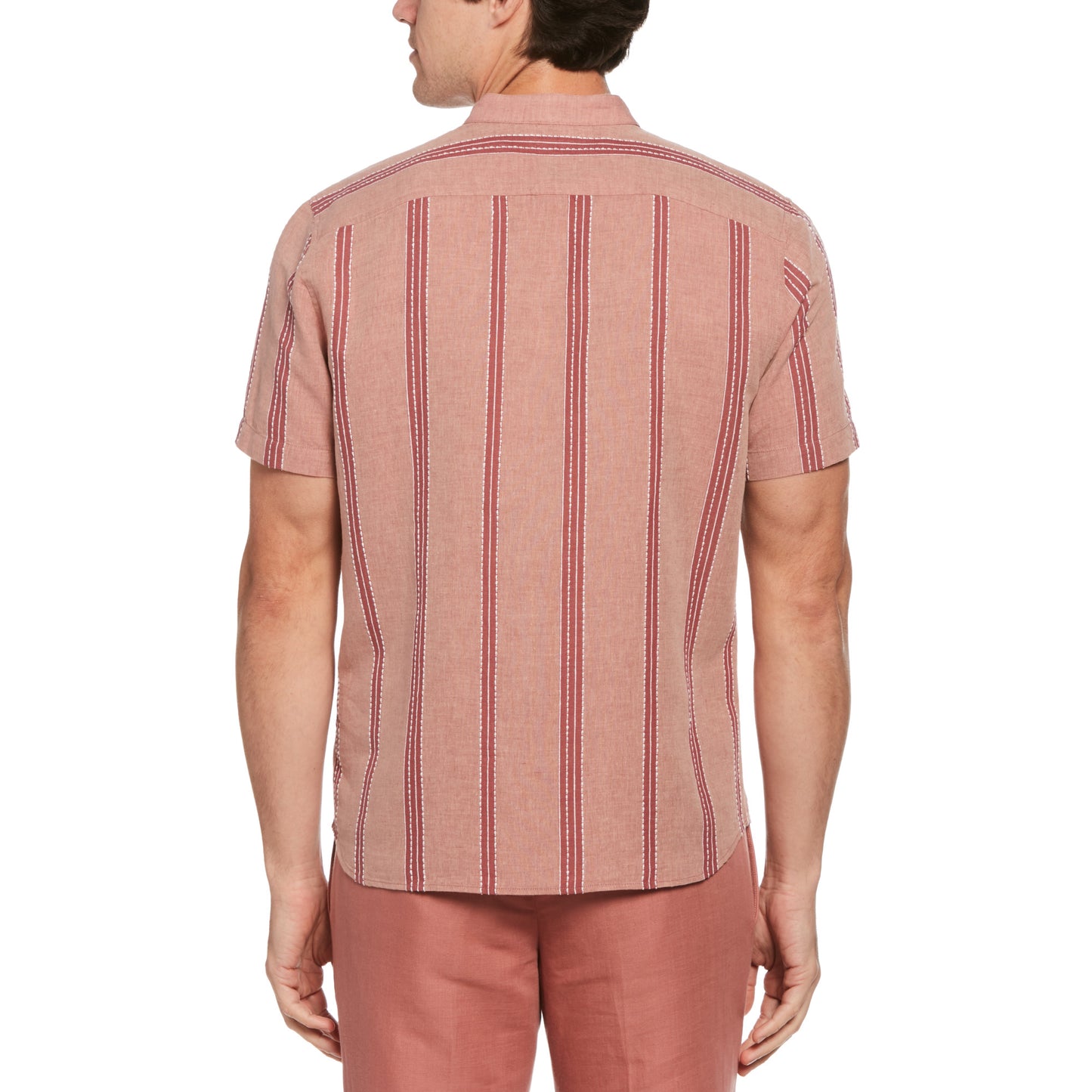 Perry Ellis Stripe Print Linen Short Sleeve Button Down in Roan Rouge