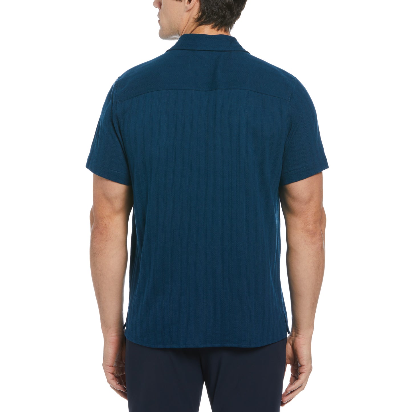 Perry Ellis Textured Stripe Camp Short Sleeve Button-Down Shirt in Gibraltar Sea