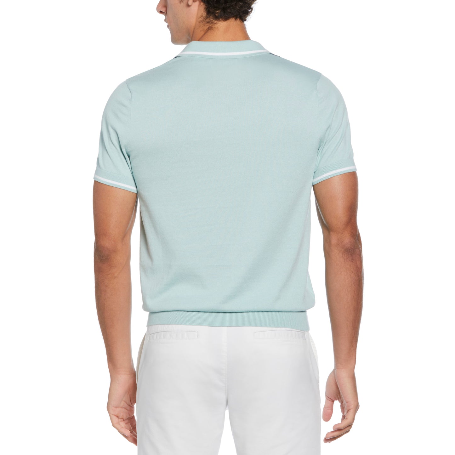 Original Penguin Vertical Stripe Johnny Collar Sweater Knit Polo Shirt Blue Haze