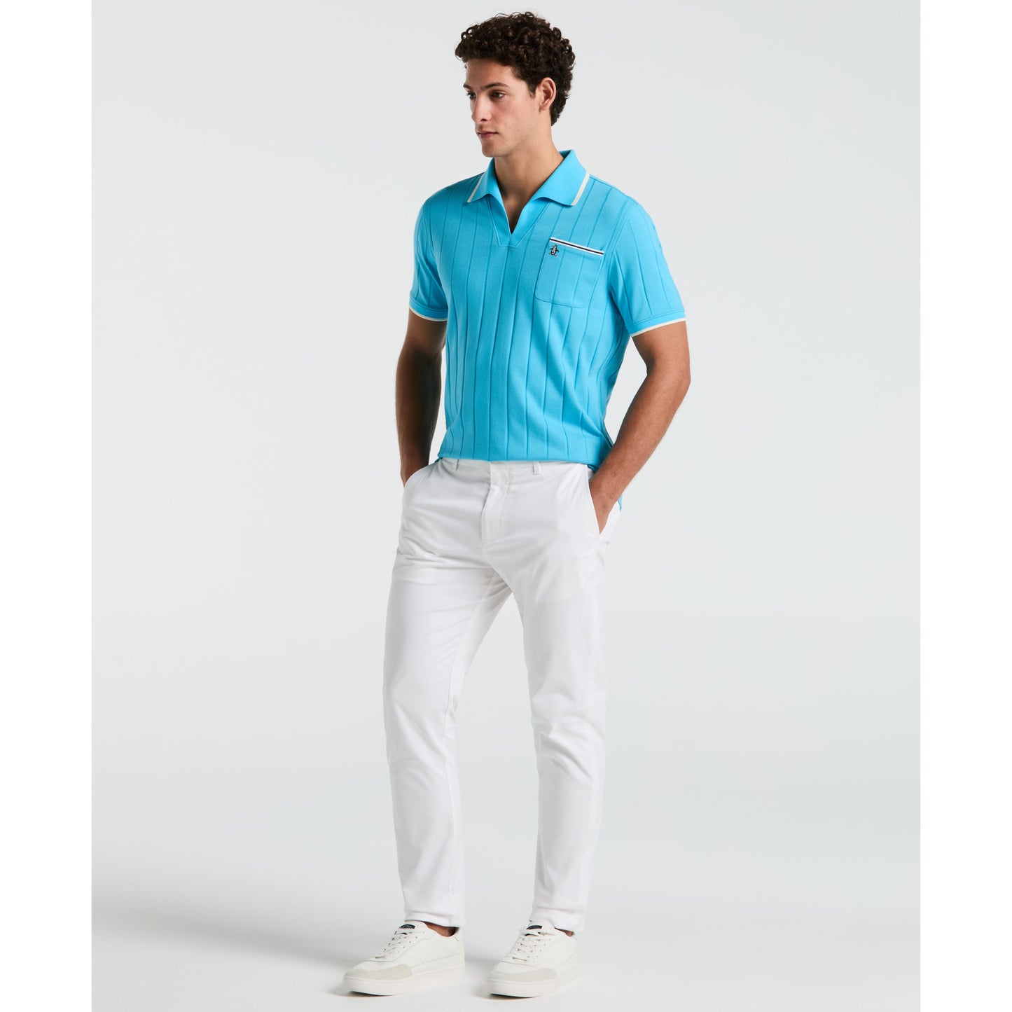 Original Penguin Cotton Open Collar Short Sleeve Polo in Horizon Blue