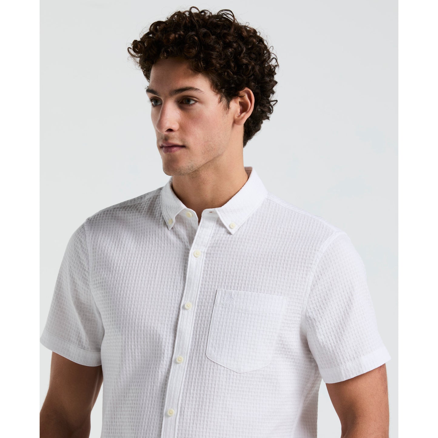 Original Penguin Mens Textured Dobby Short Sleeve Button-Down Shirt Bright White