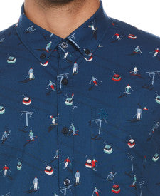 Original Penguin Poplin Ski Print Short Sleeve Button-Down Shirt – Poseidon Blue