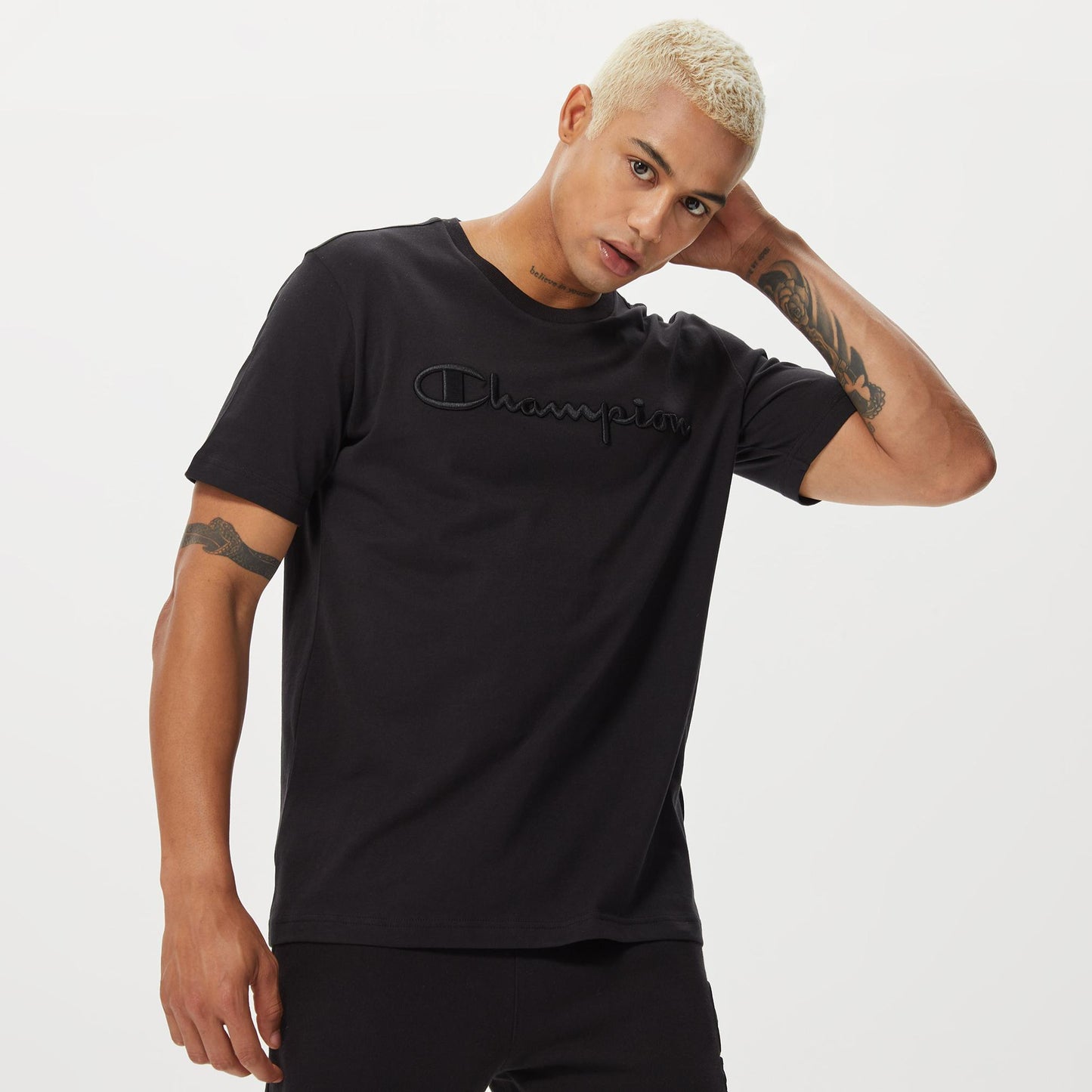 Champion Europe Men’s Crewneck Tee with Embroidered – Black - ANTHEM