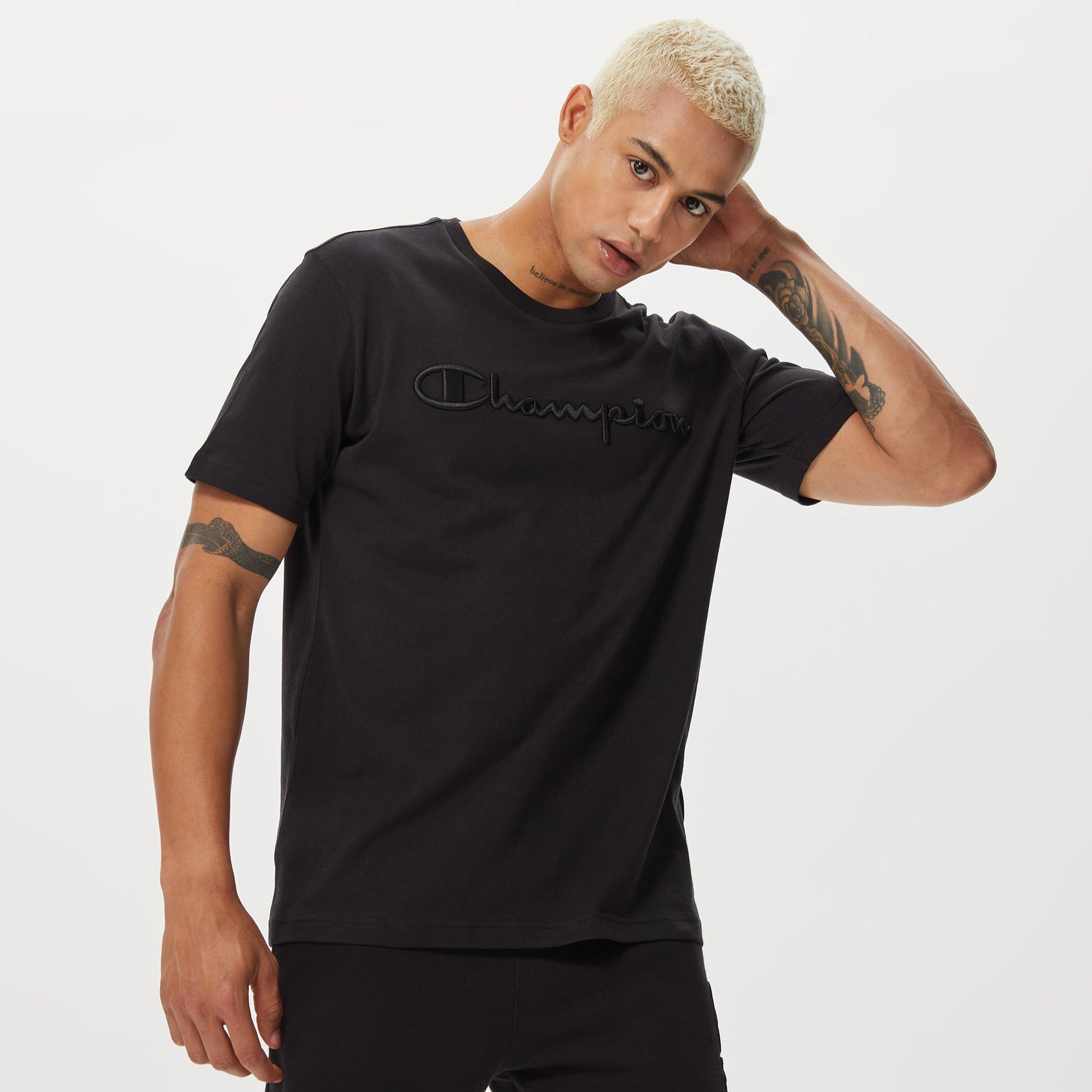 Champion Europe Men’s Crewneck Tee with Embroidered – Black - ANTHEM