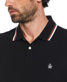 Original Penguin Organic Cotton Pique Short Sleeve Polo Shirt Tipped Collar – True Black/Amberglow