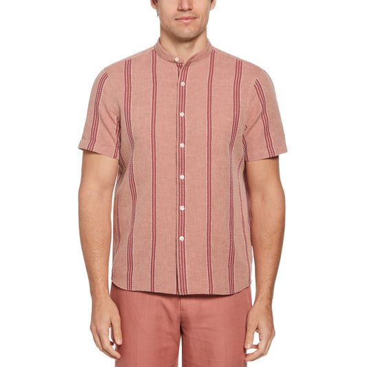 Perry Ellis Stripe Print Linen Short Sleeve Button Down in Roan Rouge