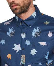 Original Penguin Maple Leaves Print Short Sleeve Button-Down Shirt - Poseidon Blue