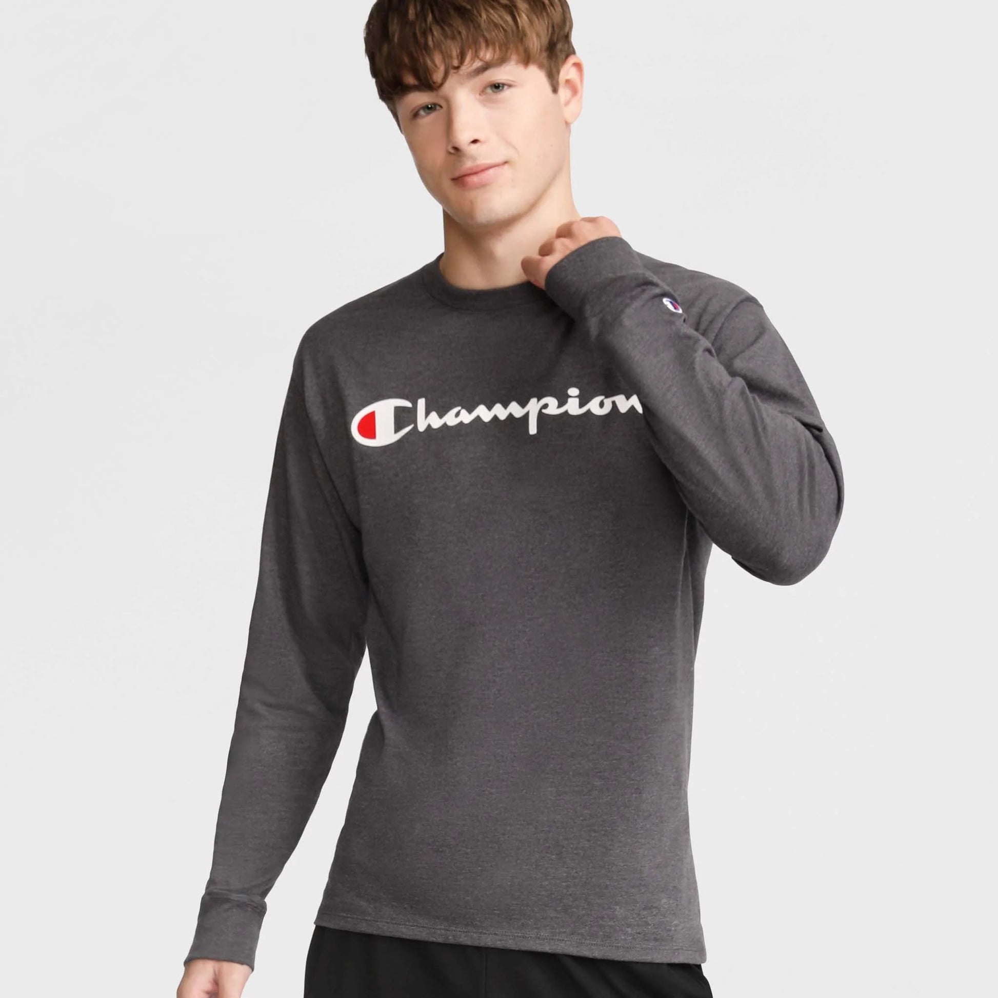 Champion USA Men’s Classic Script Logo Long Sleeve Tee – Granite Heather