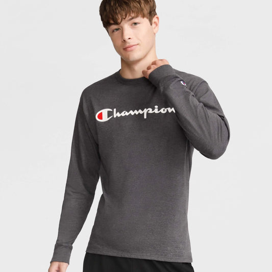 Champion USA Men’s Classic Script Logo Long Sleeve Tee – Granite Heather - ANTHEM