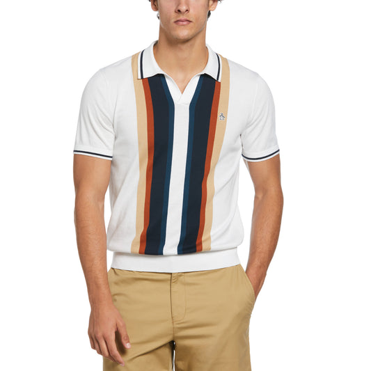 Original Penguin Mens Vertical Stripe Johnny Collar Sweater Polo Shirt Bright White