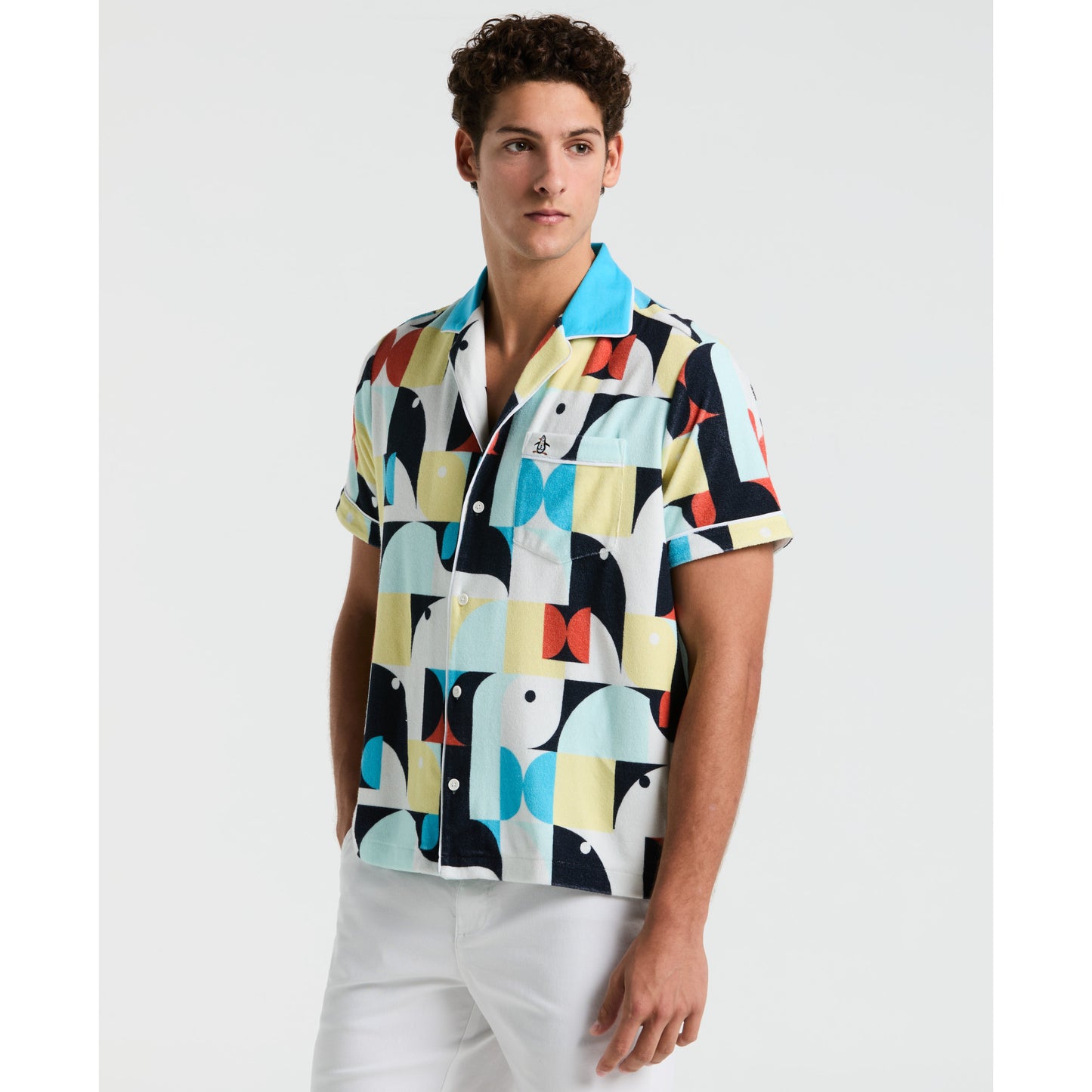 Original Penguin Deco Camp Terry Short Sleeve Woven Shirt in Horizon Blue