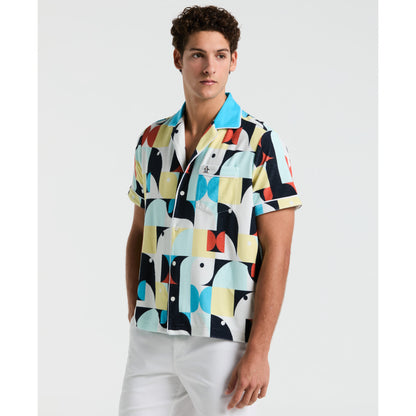 Original Penguin Deco Camp Terry Short Sleeve Woven Shirt in Horizon Blue