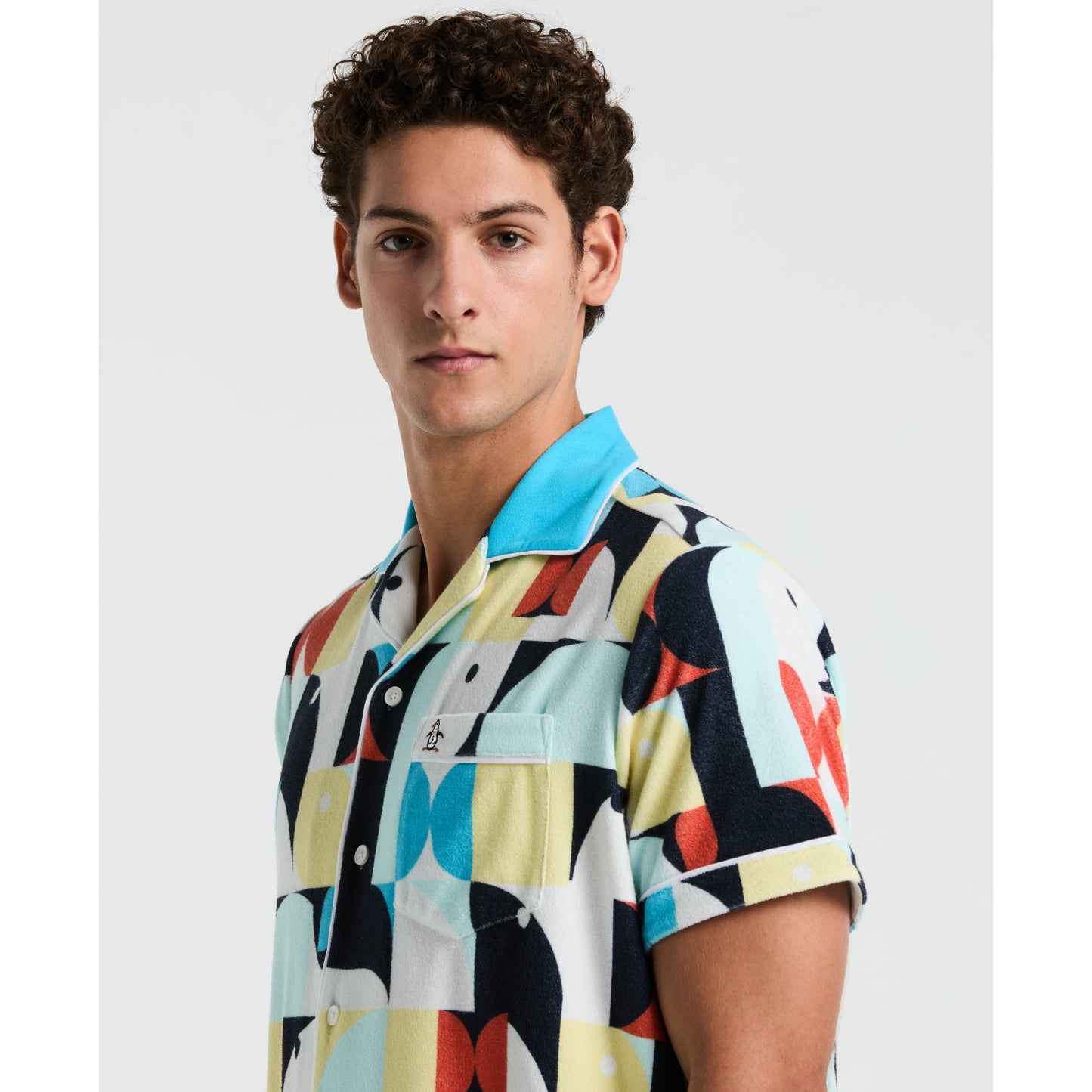 Original Penguin Deco Camp Terry Short Sleeve Woven Shirt in Horizon Blue