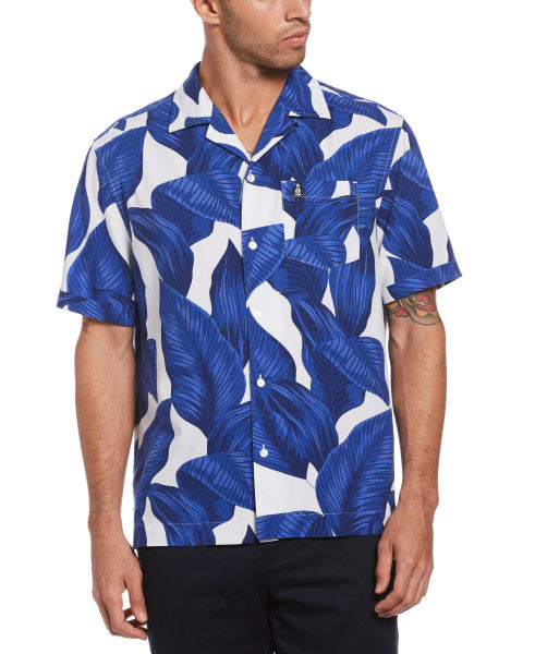 Original Penguin Leaf Print Short Sleeve Button-Down Camp Collar Shirt - Mazarine Blue