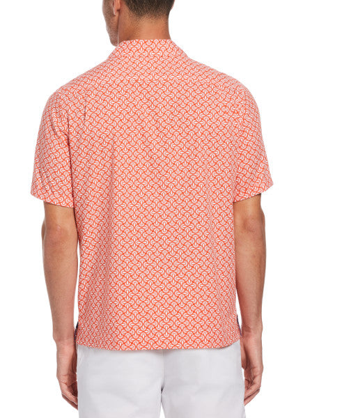 Original Penguin Retro Geometric Print Camp Collar Short Sleeve Button-Down Shirt - Cherry Tomato